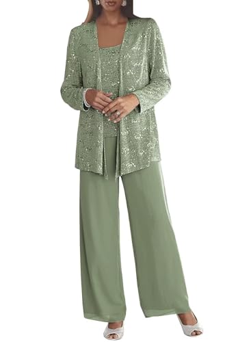 3 Pieces Mother of The Bride Pant Suits with Jacket for Wedding Lace Formal Dressy Outfits KW014 Sage