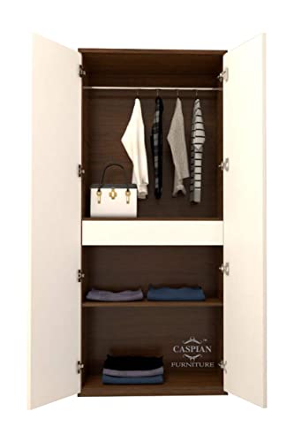 Image of CASPIAN Engineered Wood 2 Door Wardrobe (White & Brown) | Pre-Assembled Furniture with Hanging Space | Cupboard /Almirah for Bedroom Clothes Storage Organizer with 2 Shelves & 1 Drawer