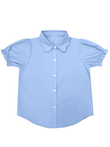 Image of Girls Button Down Shirt Puff Sleeves Blouse Summer Cute Top Doll Collar School Uniform, 4-13Y