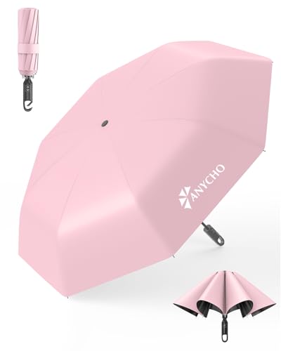 Image of ANYCHO Umbrella for Women 3 Fold with Carabiner Handle - Small Size for UV Protection & Rain - Automatic Pocket Umbrella for Men, Women and Kids