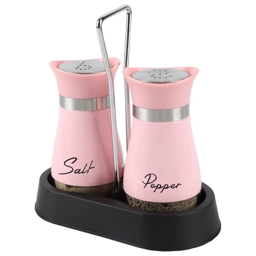 Salz und Pfefferstreuer Set mit Halter, Edelstahl und Glasflasche Salz und Pfefferstreuer mit Halterungen, Nachfüllbarer Salzstreuer Küchenhelfer Moderne Dekoration(Rosa)