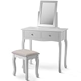 Espejo y taburete: el espejo grande y de alta resolución de esta mesa de maquillaje puede inclinarse en cualquier ángulo que sea excepcional. Un agujero detrás del espejo que puedes colgar en la pared. El asiento del taburete está con PU- Cuero cubierto con una esponja de 4,5 cm de altura con alta densidad, muy cómoda.