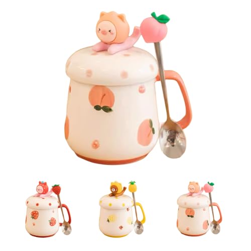 Fruit and Animal Coffee mug Pineapple Strawberry Peach, Bear Rabbit Piggy Cup, All-in-one Cup Lid Phone Holder, Spoon (Peach Piggy)