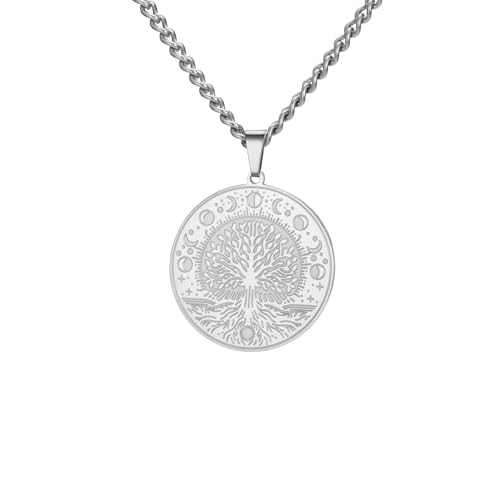 kkjoy Moon Phase Tree of Life Pendant Necklace Stainless Steel Nature Inspired Spiritual Jewelry for Women Men(Silver)
