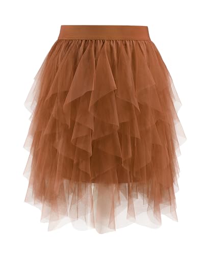 TRIWORKS Tüllrock Braun Damen Hohe Taille Layered Puffy Tutu Rock Damen A-Linie Midirock für Party Halloween Karneval M