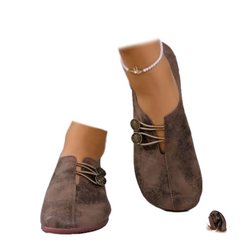 Mjuka och flexibla ortopediska skor, mjuka lätta ortopediska loafers bekväma rund tå balett mocka slip-on platt sko med knapp, Mörkbrunt, 43 EU