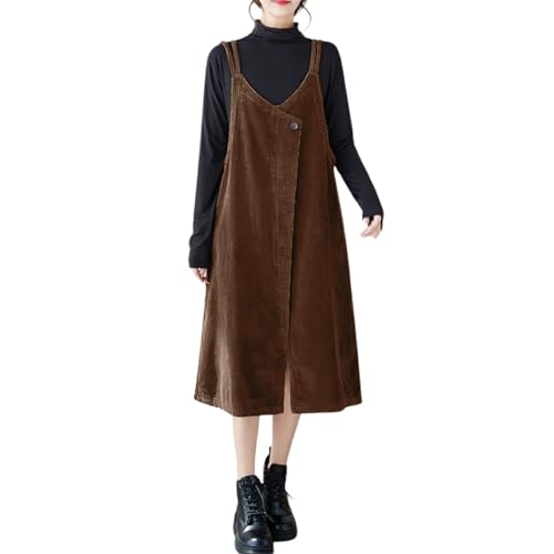 chouyatou Women's Loose Corduroy Spaghetti Strap Overall Dress A Line Flare Pinafore Midi Jumper Dress