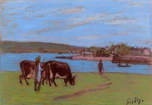 Peinture à l'huile Sisley Pasture the Seine 1897 tableau impressionniste 30x36