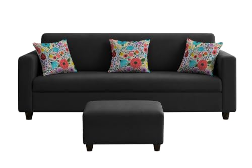Image of Rosebell 3 Seater Sofa with Ottoman | Living Room Couch | with Printed Cushions | Sofa for Home, Apartment & Office-Black Color