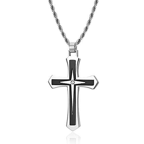 JO WISDOM Cross Necklace 316L Stainless Steel Titanium Steel Cross Crucifix Pendant Cross Black and Silver Religious Jewelry for Men and Women with Pearl Chain