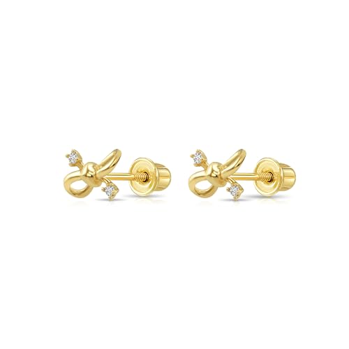 14k Solid Gold Ribbon Bow Cubic Zirconia Stud Earrings with Screw-backs2