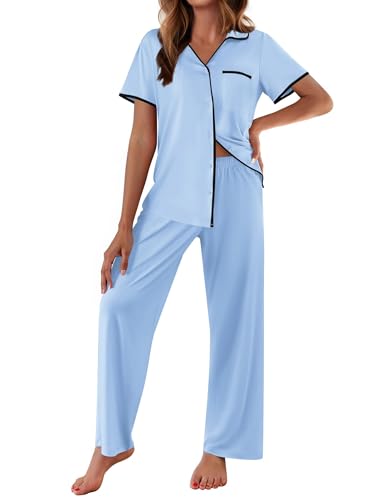 Image of Ekouaer Women Pajamas Button Down Notch Collar Soft Short Sleeve Pjs with Long Pant Lounge Set