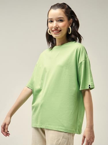 Image of Bewakoof Women's Solid Oversized Fit Half Sleeve Round Neck Cotton Jersey T-Shirt