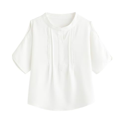 Curipeer Girl Shirt Summer V Neck Loose Short Sleeve Off Shoulder Blouse Tops A-White