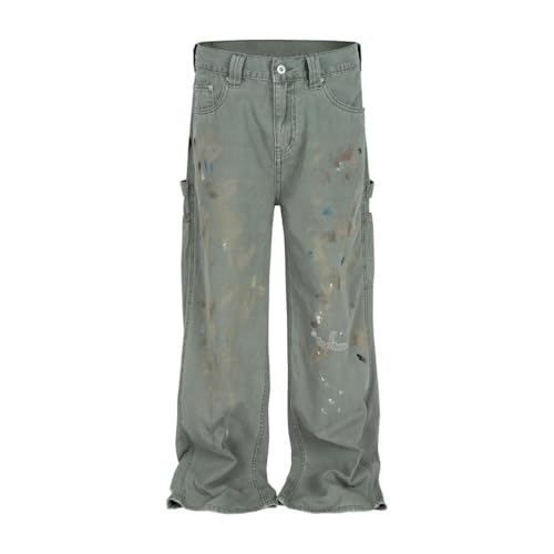 Men’s Rivets Retro Jeans, High Street Loose Fit, Distressed Straight Leg Denim Pants