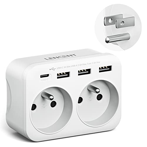 LENCENT Adaptateur Prise USA/Américaine, Prise Française avec 3 Ports USB et 1 Port USB-C adapté aux États-Unis Canada Mexique Thaïlande，Adaptateur électrique Mâle USA/ Femelle France, Type B