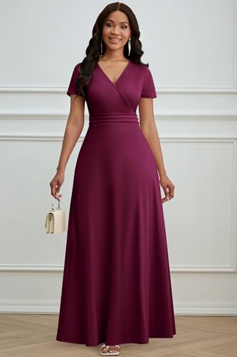 Image of CLOCOR Maxi Dress for Women Long Summer Short Sleeve Evening Formal V Neck A Line Dresses Wedding Guest Empire Waist Elegant