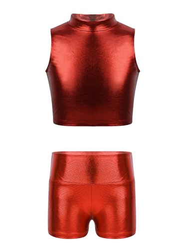 Kids Girls 2pcs Shiny Metallic Gymnastics Dance Tracksuit Sleeveless Mock Neck Crop Top Vest And Boy Shorts Set Red 16 Years