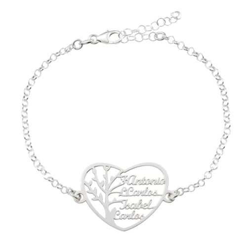 Collar Personalizable Plata de Ley 925 Árbol de la Vida con nombres, cadena de 45cm. Regalo ideal madre abuela con nombres familia. Cumpleaños, Navidad. Hecho en España. (Pulsera Corazón)
