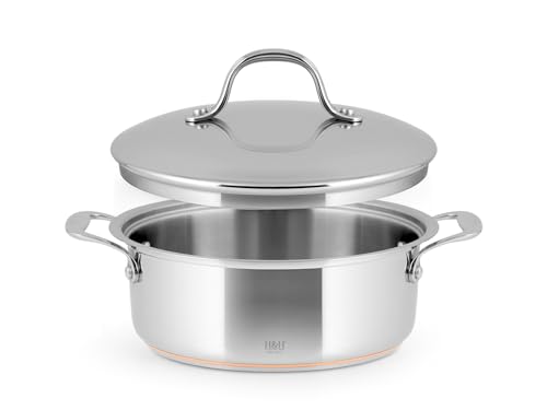Cacerola baja de acero inoxidable y cobre H&H de 26 cm con tapa de alta cocina 2