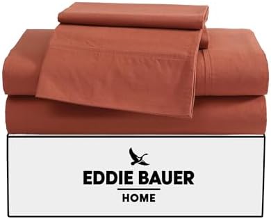 Eddie Bauer King Sheet Set, Washed Percale Bedding Set with Deep Pockets, Super Soft, 100% Luxury Cotton with Smooth Percale Weave (Orange, King)