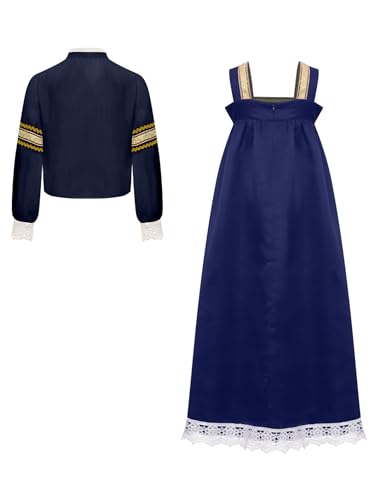 Child Girls Russian Ethnic Performance Dress Embroidered Blouse with Overalls and Headpiece Navy Blue 10 Years4