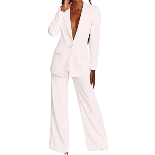 Women's 2Pcs Blazer Set Oversized Single Breasted Blazer & High Waisted Wide Leg Trousers Office Outfit Business Suit (White,XX-Large)