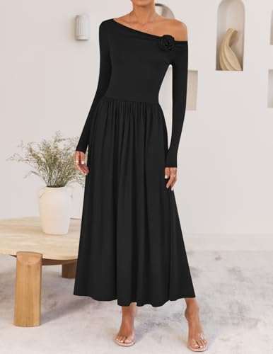ZESICA Women's 2025 Fall Long Sleeve Off Shoulder Maxi Dress Pleated Elegant Formal Wedding Guest Dresses with Pockets3