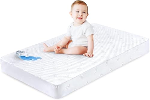 Image of Crib Mattress Protector Sheets Fitted Waterproof Crib Mattress Pad Cover, Noiseless & Machine Wash 100% Absorbent Crib/Toddler Mattress Protector Sheet Quilted, White, 52" x 28" x 8.6"