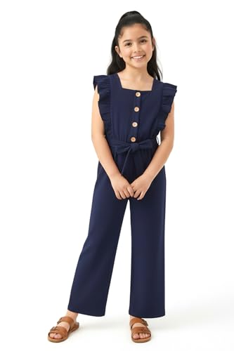 Image of Trampoline Girls Navy Blue Cotton Slub Ruffle Sleeve Jumpsuit with Belt & Square Neck | Casual Wear