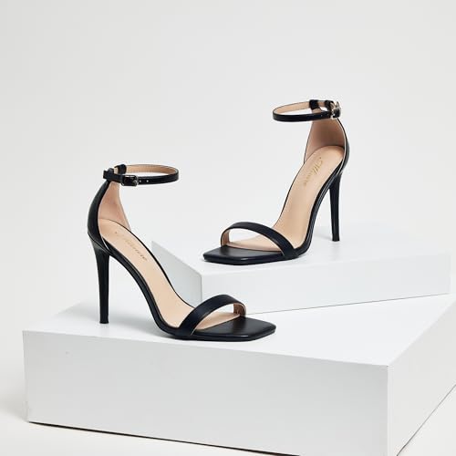 Stylish 4 IN Square Open Toe Ankle Strap Stiletto Heels for Women Plain Trendy Strappy Heeled Sandals4