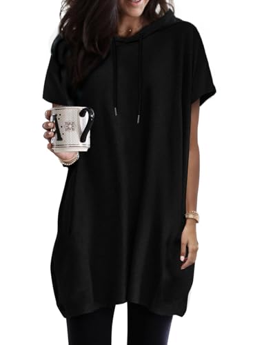 Dokotoo Kapuzenpullover Damen Hoodie Oversize T-Shirts Sommer Oberteile Kurzarm mit Kapuze Pullover Sweatshirt Tops Lässig Einfarbig Tshirts Oberteil Schwarz M