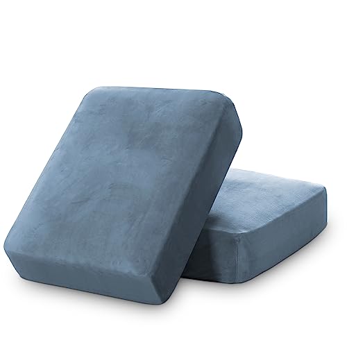 PrinceDeco Velvet Stretch Couch Cushion Cover Soft Cushion Slipcover for Chair Loveseat Sofa Furniture Protector Seat Cushion Sofa Cover (Each Width Up to 29.5", Stone Blue)