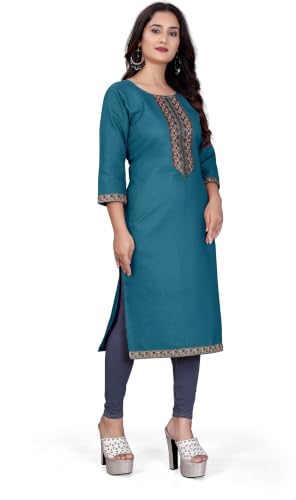 Image of Women A-line Cotton Blend Round Neck 3 /4 Sleeve Embroidered Kurti Only