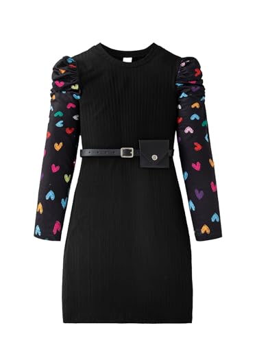 Girls Heart Print Long Sleeve Bodycon Dress Tight Pullover Dresses with Belt for Party Special Occasion