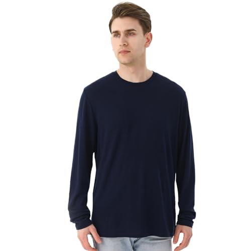 Merino Protect 100% Merino Wool Mens T-Shirt Soft Temperature-regulating Underwear Anti-Odor Long Sleeve Tops for Hiking Travel Navy