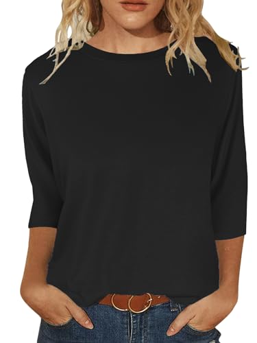 JomeDesign Womens Tops 3/4 Sleeve Shirts Round Neck Loose Casual Blouses Solid Color Tshirts