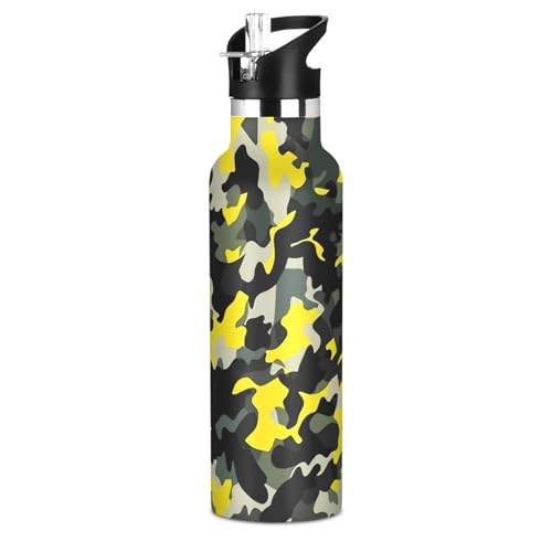 SyXIOP Balck Yellow Camouflage Leak Proof & BPA Free Reusable Water Bottle with Straw Double-Wall Vacuum Insulation for Home/Office/Travel/Sports/School