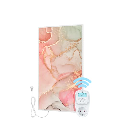 BR Bringer Bild Infrarotheizung mit Rahmen 800 Watt & Smart Thermostat - Bildheizung mit UV Druck - 60x100x1,8cm - Fluid Art Marmor Optik, rosa