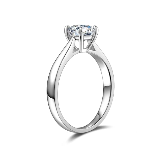 14K Solid White Gold 1ct Moissanite Engagement Ring for Women,6.5MM Main Stone,D Color VVS1 Round Brilliant Cut Moissanite Wedding Promise Proposal Ring for Wife Her Anniversary Bridal Gift,All Size3