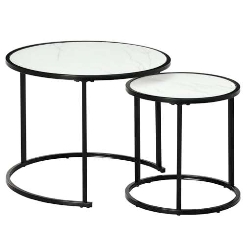 HOMCOM Juego de 2 Mesas Auxiliares Redondas Apilables Mesas Nidos Modernas con Encimera en Efecto de Mármol y Marco de Acero Ø60x46 cm y Ø40x40 cm Blanco