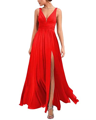 Robe de soirée rouge col en V dissimulant les rondeurs en mousseline fluide légère