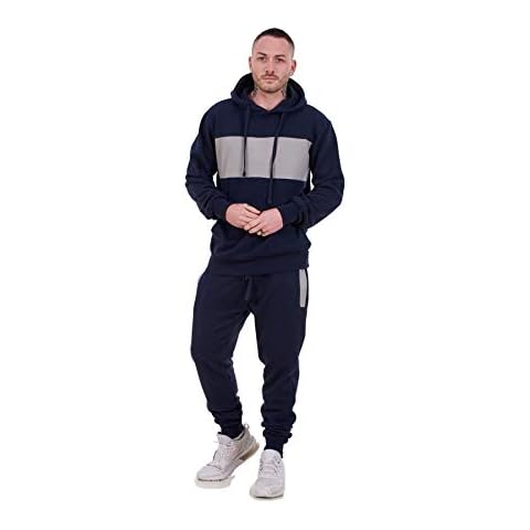 Mens Tracksuit Branded Fleece Pullover Hooded Stripe Cotton Jogging Bottom S-XXL Navy Cover