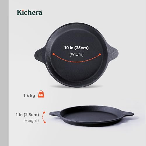 Image of Kichera 10 Inch Pre Seasoned Cast Iron Fish Fry Pan | 2 Loop Handles, 1.5kg Weight | Natural Non-Stick Induction Fish Fry Tawa Pan |Cast Iron Cookware Frying Pan | 25cm Diameter