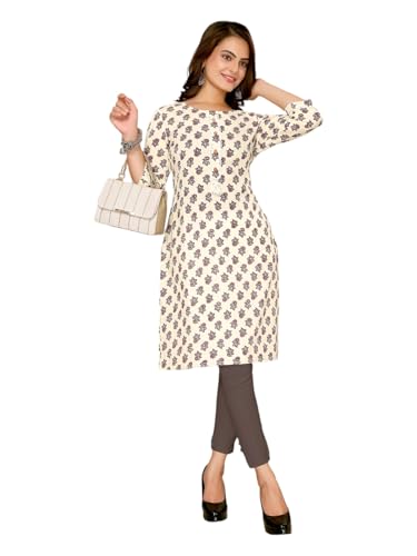 Image of rangita Off White Cotton Knee Length Printed Straight Kurti for Women | Kurta for Women