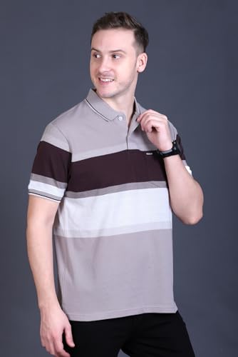 Image of GODFREY Striped Tshirt Shirts Men Cotton Polo T Shirt for Man with Pocket - Regular Fit Half Sleeve Collar T Shirts for Men