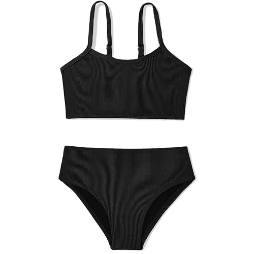 Century Star Girls Swimsuit 2-Piece Ribbed Bikini Set Adjustable Strap Bathing Suits for Teens Swimwear Solid