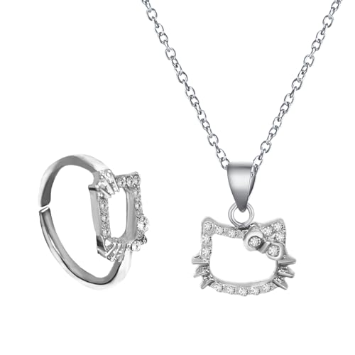 BJPERFMS Conjunto de Joyas Kitty, Collar Kitty, Anillo Kitty, Kitty Colgante Collar Mujer, Necklace Kitty, Ring Kitty, Ajustable Collares Niña, Kitty Regalo Niños