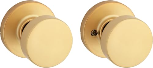 Image of Kwikset Pismo Interior Passage Door Knob, Handle for Closet and Hallway Doors, Non-Locking Doorknob, Satin Brass, Round, Microban Protection (Pack of 10)