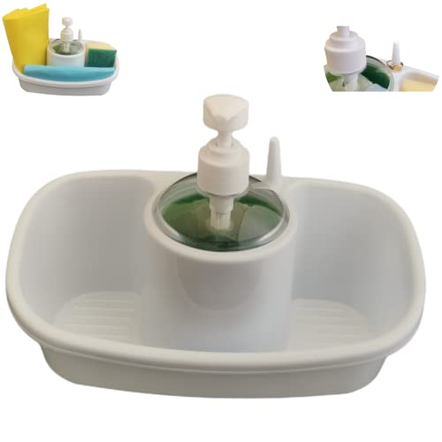 Jabonera Cocina con Dosificador Grande | Doble Hueco para Estropajos Bayetas y Jabones |Organizador de Cocina y Fregadero para la Encimera Color Blanco | Dispensador de Jabón Líquido | Lavar a Mano Cover